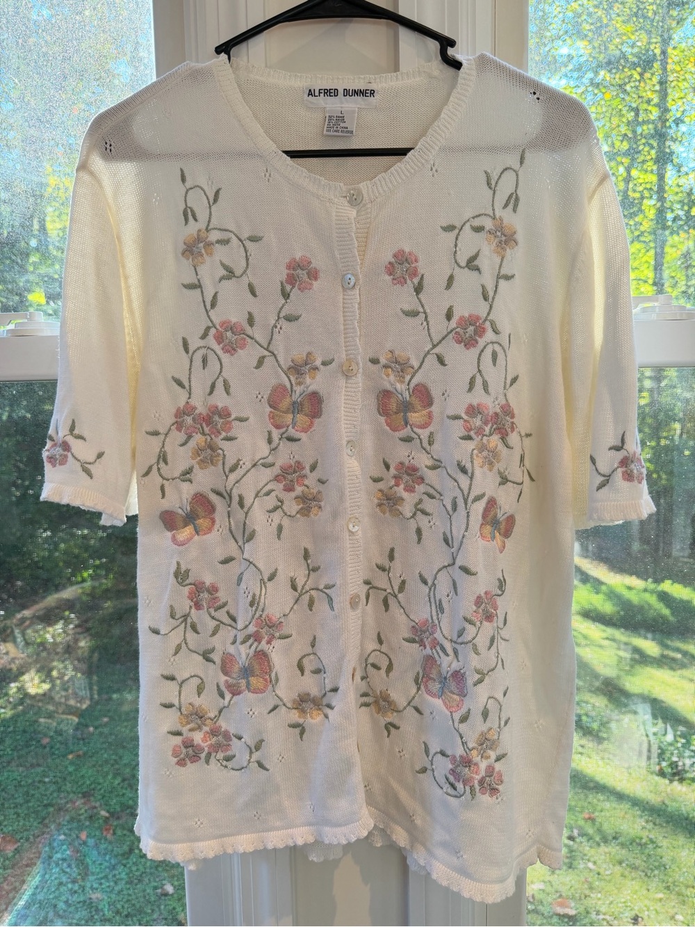 Alfred Dunner Cream Floral Butterfly Embroidered Cardigan